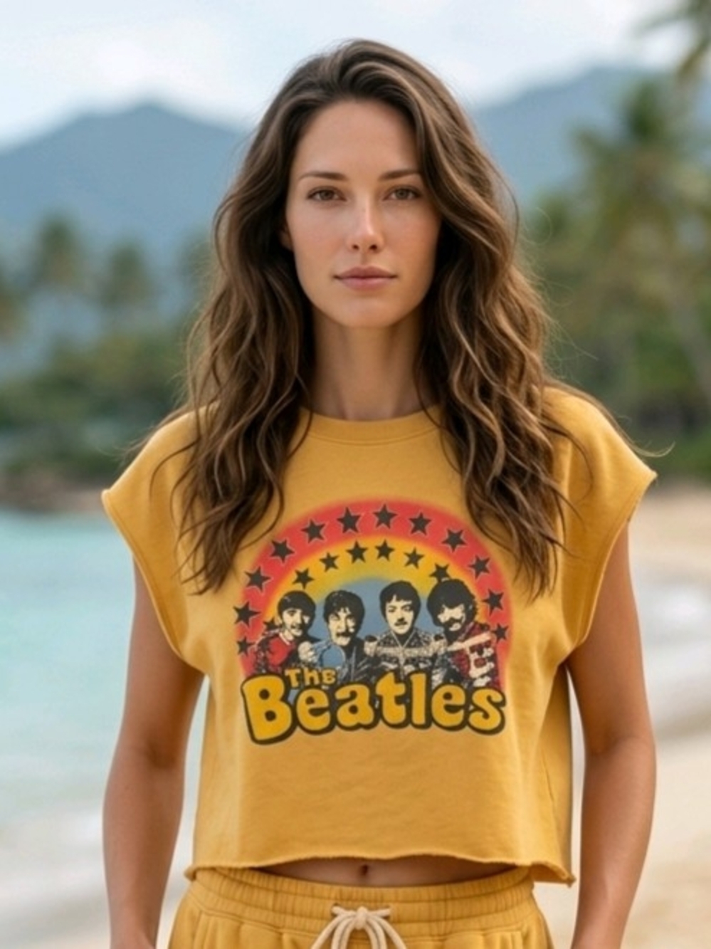 Beatles graphic band Mustard Yellow cropped Sweatshirt Raw Hem/Sleeve L Modified